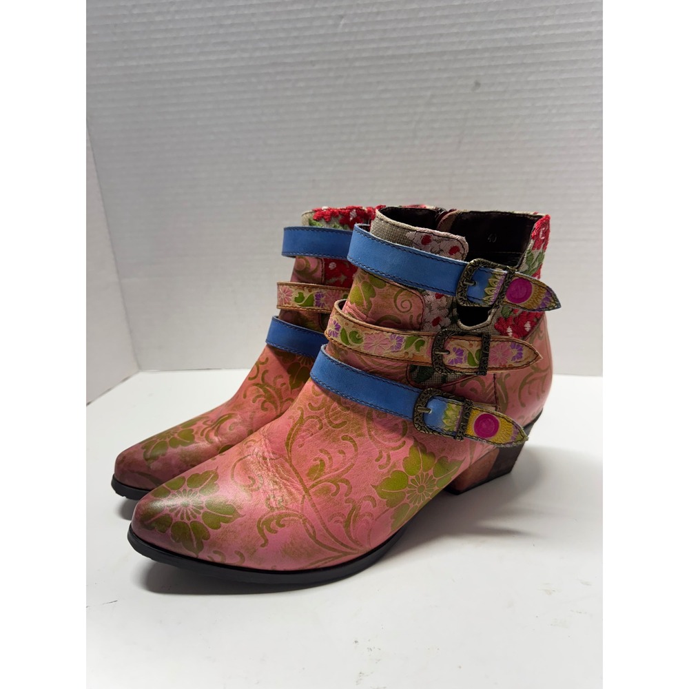 Socofy Pink Floral Embossed Leather Ankle Boots Buckle Straps Size 40 9
